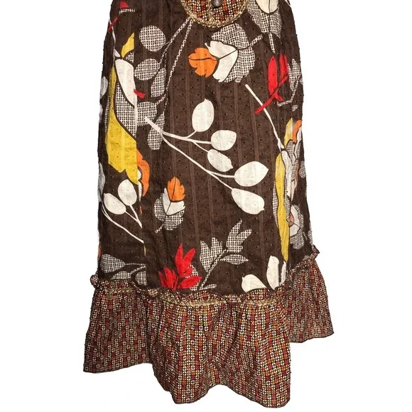 Vtg Y2K Boho Dress Floral Sundress Brown Cotton Ruffle Hem Festival Kenzie M - Picture 3 of 8